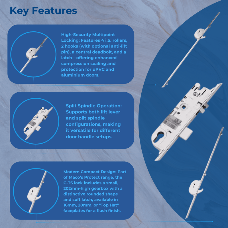 Maco C-TS Multipoint Door Lock – Split Spindle with Latch, Deadbolt, 4 Rollers & 2 Hooks