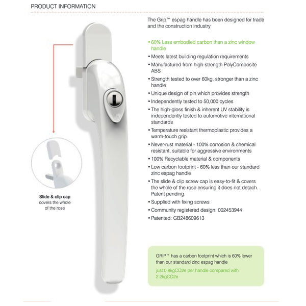 uPVC Universal Grip Window Handle Inline Locking Espag Double Glazing White 30mm Eco Friendly Anti Corrosion