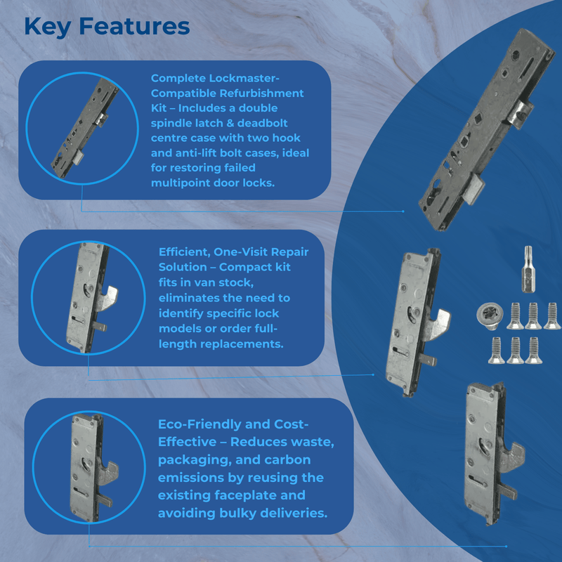 Multipoint Door Lock Refurbishment Kit – Double Spindle with 2 Anti-Lift Hooks - 35mm or 45mm Backset – Multipoint Lock Repair Set