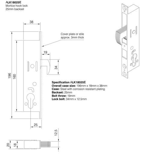 Axim LK1800 Mortice Hooks Aluminium Door Hook Lock 25mm 28mm 40mm Backset