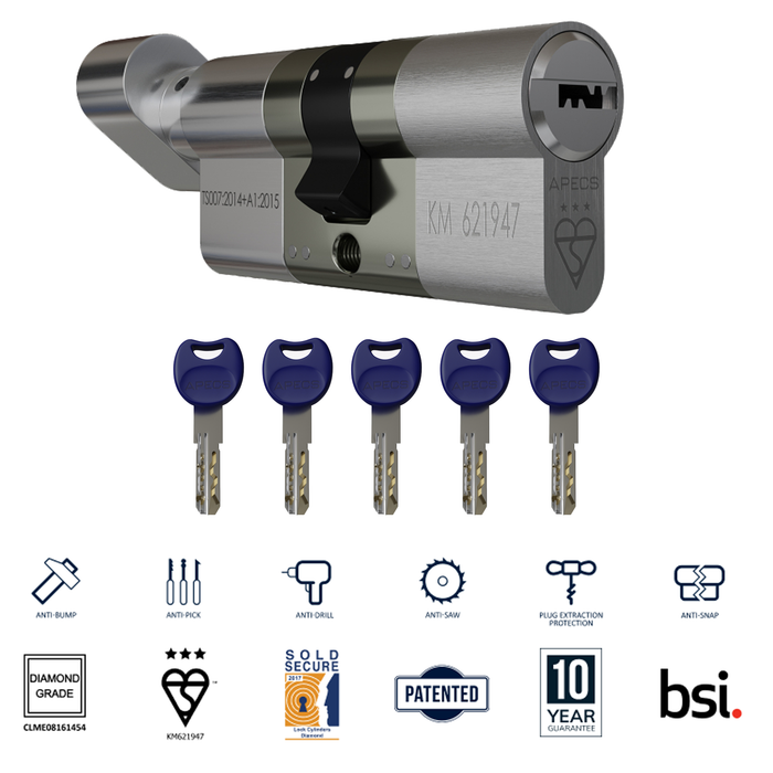 Apecs 3* Euro Cylinder Thumb TurnDoor Lock uPVC Aluminium Timber Door Barrel 6 Pin 5 Keys