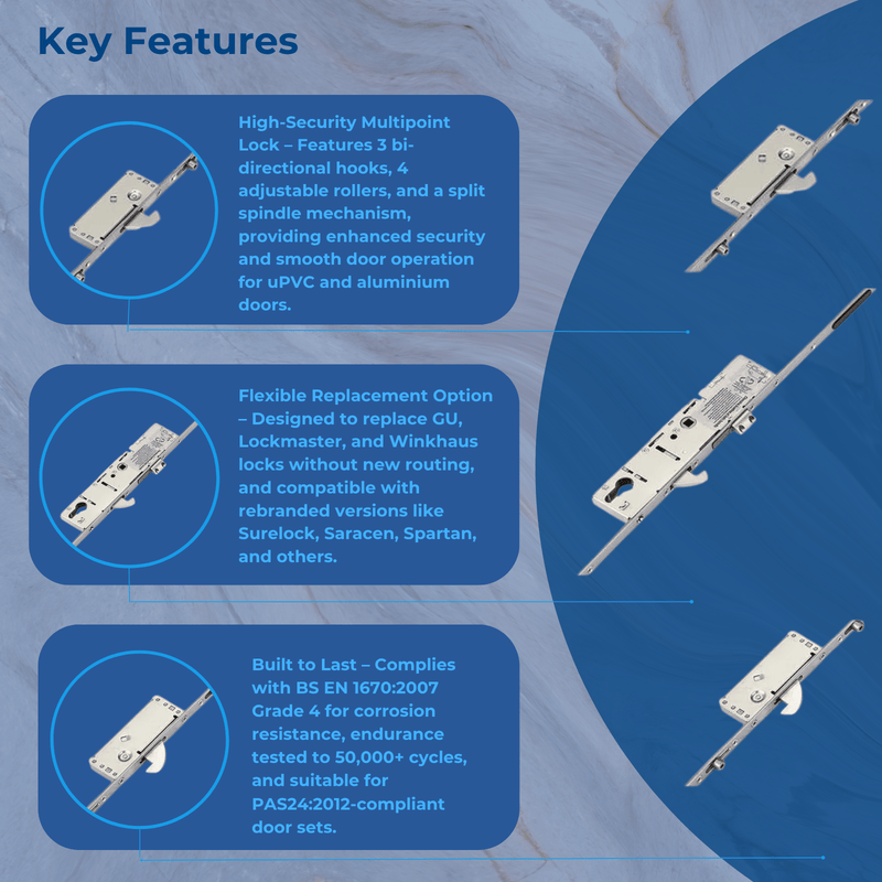 ERA Multipoint Door Lock – Split Spindle with 3 Hooks, 4 Rollers & Latch
