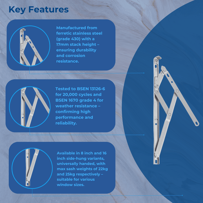 uPVC Universal Window Hinge Double Glazing Friction Stay PVC 17mm Stack 8 inch 16 inch Universally Handed Ferretic stainless steel grade 430