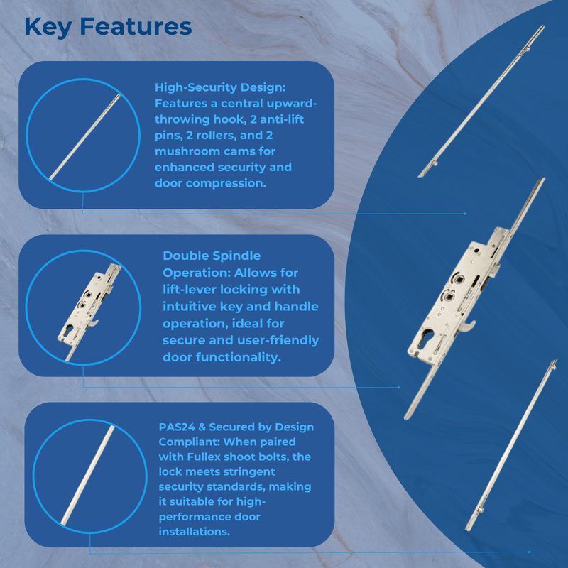 Fullex XL Multipoint Door Lock – Latch, Hook, 2 Rollers & 2 Mushroom Cams Double Spindle Operation