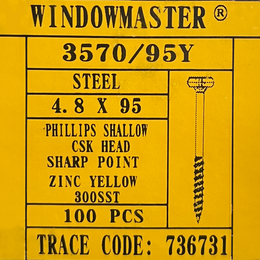 WindowMaster Steel 4.8x95 Phillips Shallow CSK Head Sharp Point Screw Zinc Yellow 300SST - 3570/95Y - Box of 100 Screws