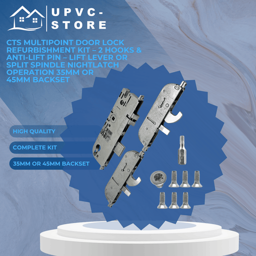 CTS Multipoint Door Lock Refurbishment Kit – 2 Hooks & Anti-Lift Pin – Lift Lever or Split Spindle Nightlatch Operation 35mm or 45mm Backset