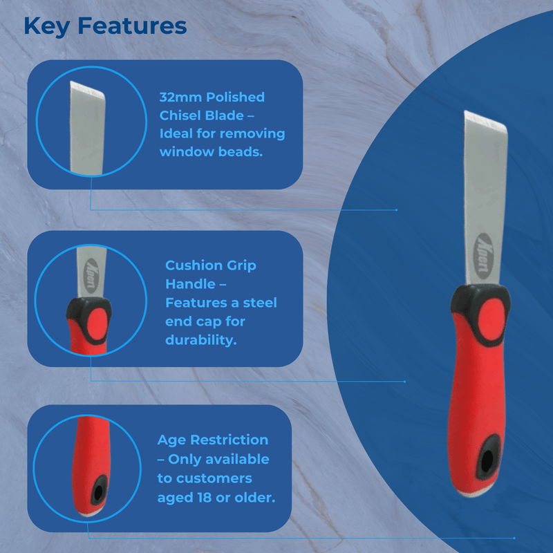 Xpert Window Bead Deglazing Chisel Tool 32mm Putty Hacking Stiff Blade