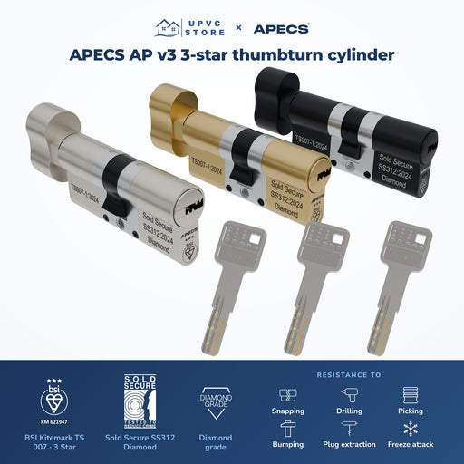 APECS AP v3 3-star Euro thumbturn cylinders in Brushed Satin Nickel, Brushed Brass and Matt Black with three AP keys shown face-on, the UPVC Store and APECS logos, the BSI Kitemark 3 Star, Sold Secure and Diamond grade marks, and resistance to snapping, drilling, picking, bumping, plug extraction and freeze attack