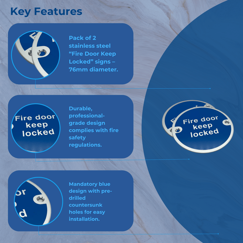 Fire Door Keep Locked (Pack of 2) - Stainless Steel Door Sign - 3" / 76mm