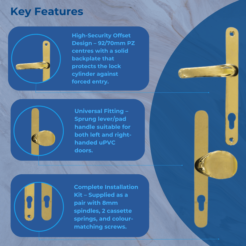 Yale Offset Lever/Pad Gold Handle for uPVC Doors – 92/70mm Centres
