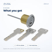 In the box: an APECS AP rim cylinder and three all-metal AP keys