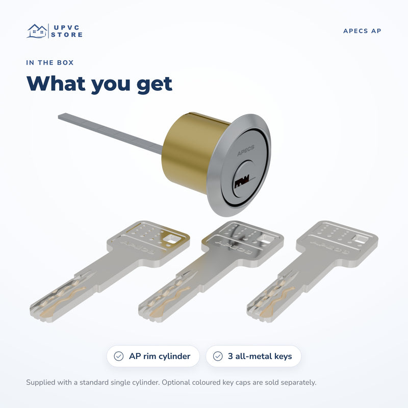 In the box: an APECS AP rim cylinder and three all-metal AP keys