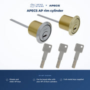 APECS AP rim cylinders in Brushed Satin Nickel and Brushed Brass with three AP keys shown face-on and the UPVC Store and APECS logos; dimple and slider AP keys, can be keyed alike with AP v3 Euro cylinders, supplied with 3 all-metal keys