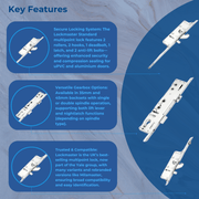 Lockmaster Multipoint Door Lock – 2 Hooks, 2 Anti-Lift Pins, 2 Rollers, Latch & Deadbolt –  Double Spindle Operation (720mm Top Hook to Spindle Distance)