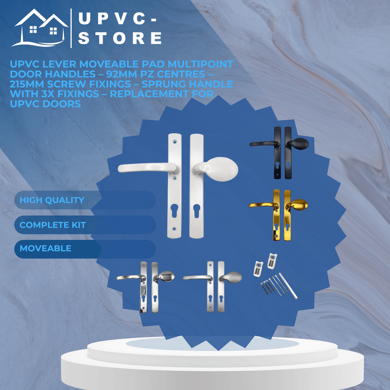 UPVC Lever Moveable Pad Multipoint Door Handles – 92mm PZ Centres – 215mm Screw Fixings – Sprung Handle with 3x Fixings – Replacement for uPVC Doors