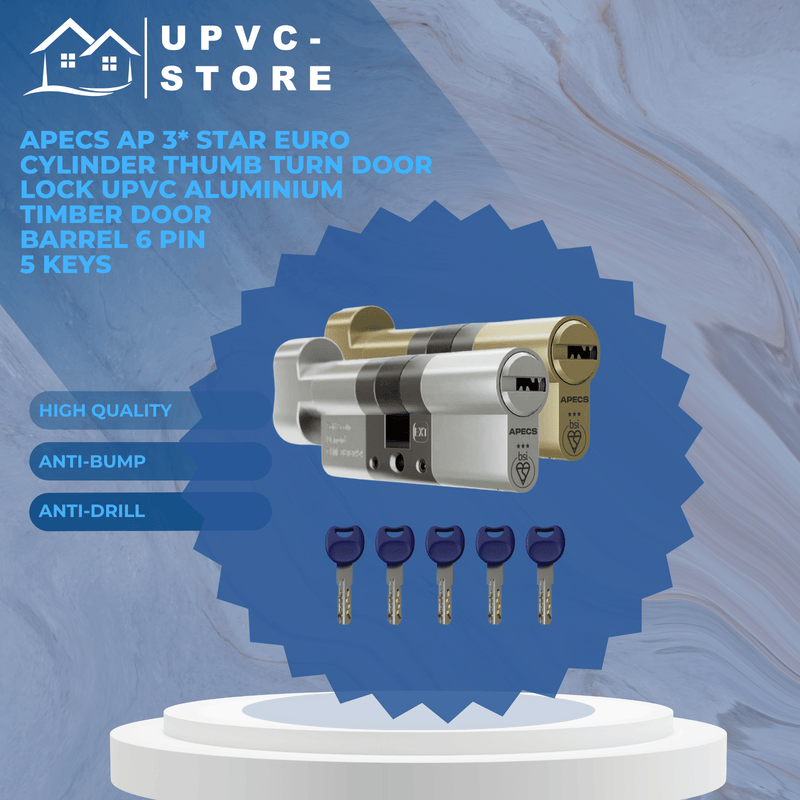 APECS AP 3* Star Euro Cylinder Thumb Turn Door Lock uPVC Aluminium Timber Door Barrel 6 Pin 5 Keys