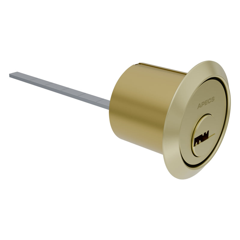 APECS AP rim cylinder in Brushed Brass, on a white background
