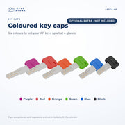 Six APECS AP keys fitted with optional coloured key caps in purple, red, orange, green, blue and black