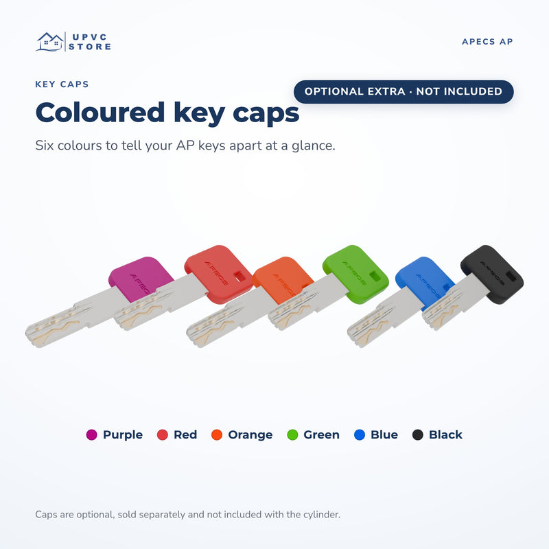 Six APECS AP keys fitted with optional coloured key caps in purple, red, orange, green, blue and black