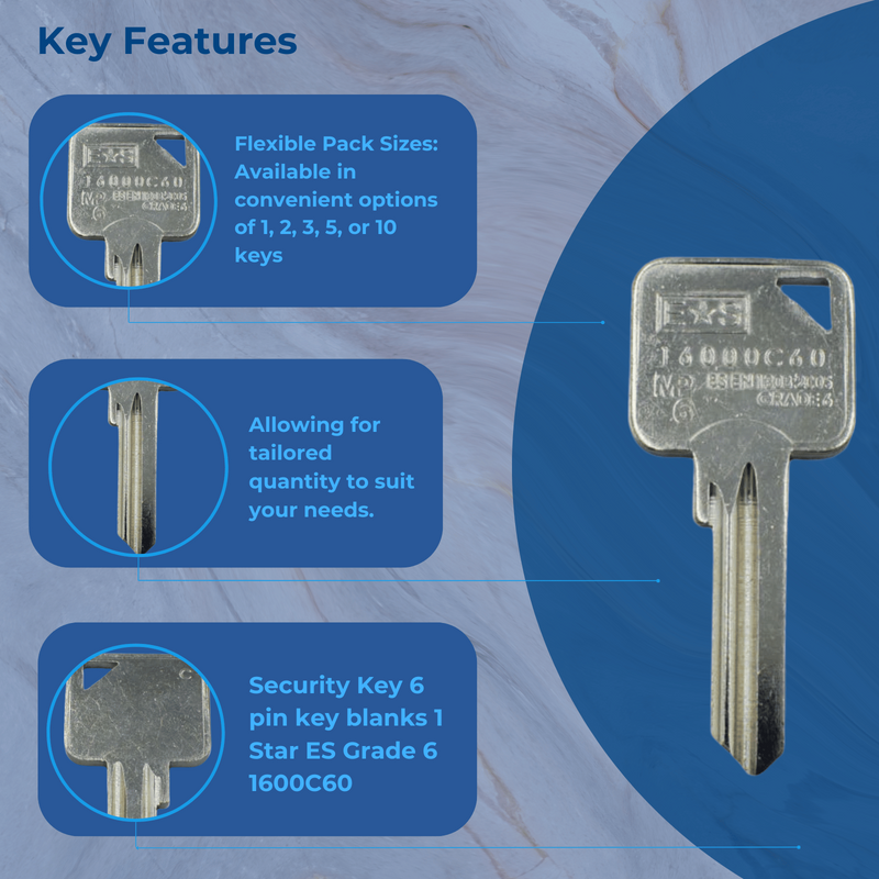 Security Key 6 pin key blanks 1 Star ES Grade 6 1600C60