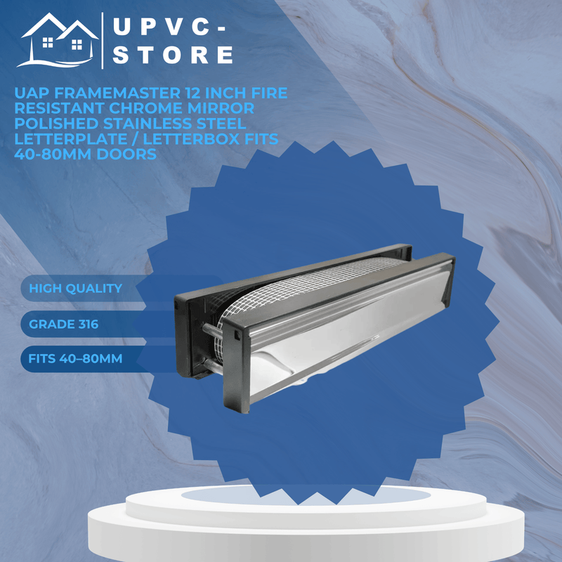 UAP Framemaster 12 Inch Fire Resistant Chrome Mirror Polished Stainless Steel Letterplate / letterbox Fits 40-80mm Doors
