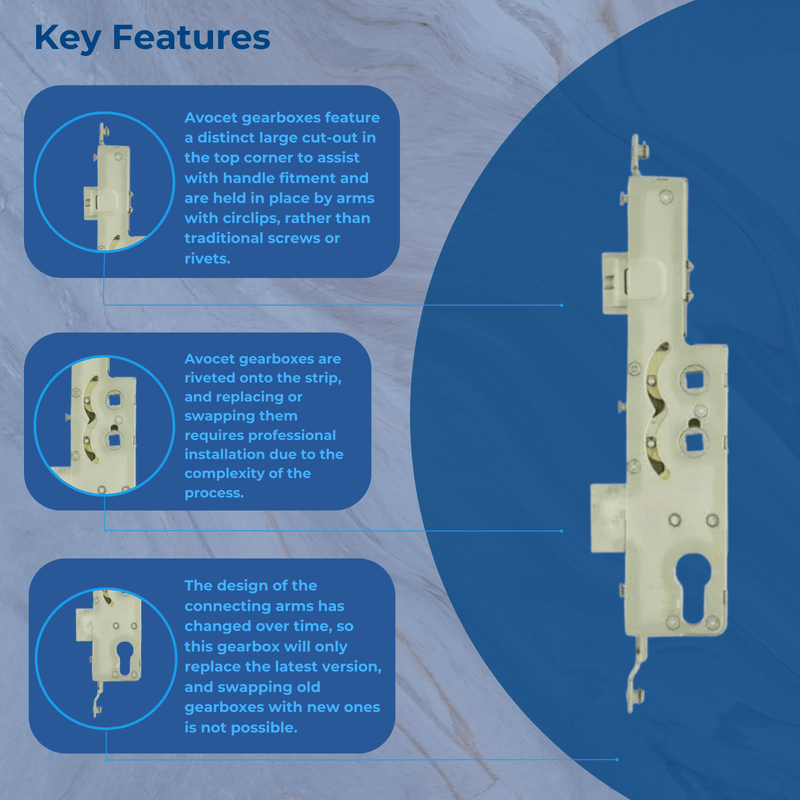 Avocet Replacement 35mm Backset Multipoint Gearbox - Lift Lever Double Spindle 92 pz / 62 pz