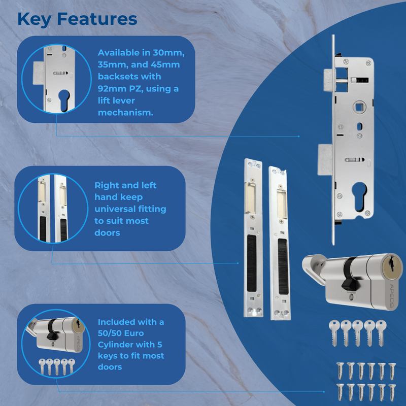 Overnight Lock Lift Lever Mechanism with 16mm Faceplate 30mm, 35mm, 45mm Kits
