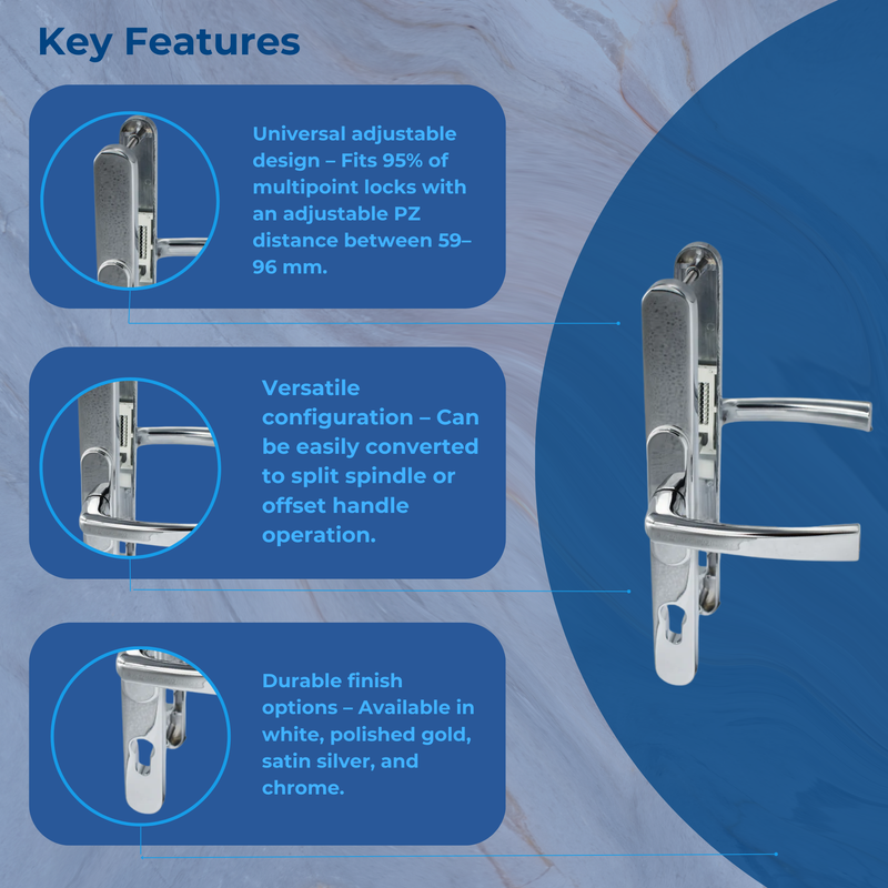 Chrome Universal Flexi UPVC Repair Door Handle Set Adjustable 92mm 68mm 62mm PZ Lever