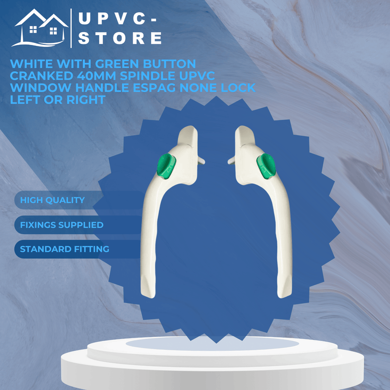 White With Green Button Cranked 40mm Spindle UPVC Window Handle Espag None Lock Left or Right