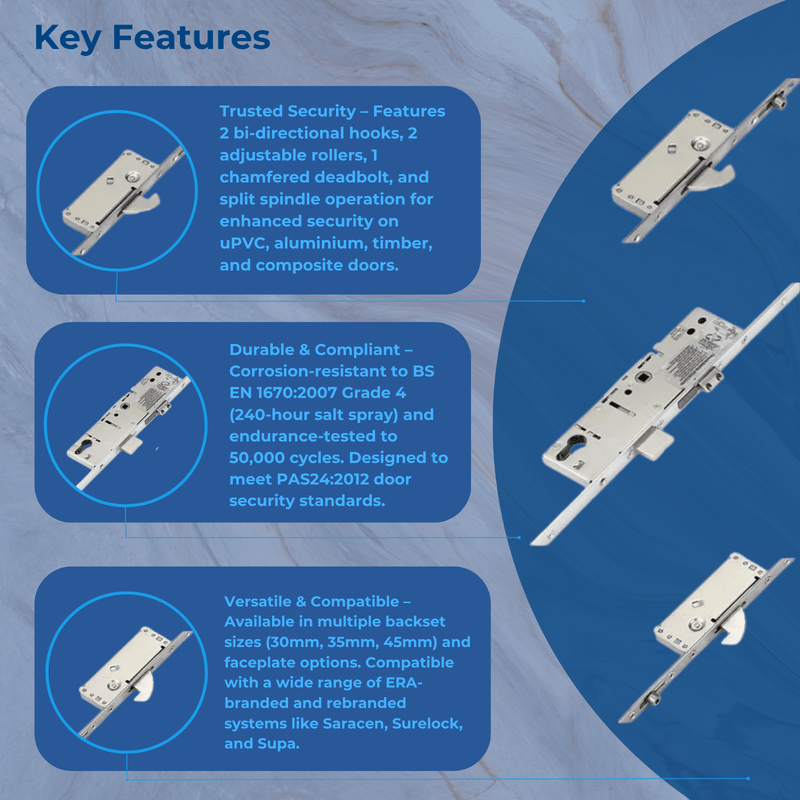 ERA Multipoint Door Lock – Split Spindle with Latch, Deadbolt, 2 Large Hooks & 2 Rollers – Option 2 (730mm Top Hook to Spindle)