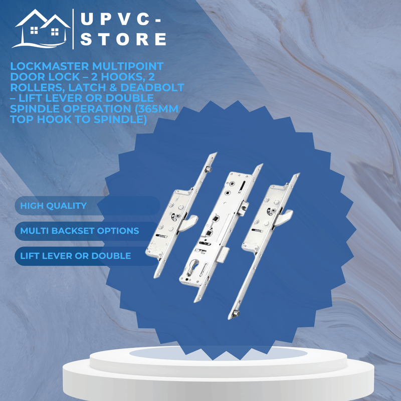 Lockmaster Multipoint Door Lock – 2 Hooks, 2 Rollers, Latch & Deadbolt – Lift Lever or Double Spindle Operation (365mm Top Hook to Spindle)