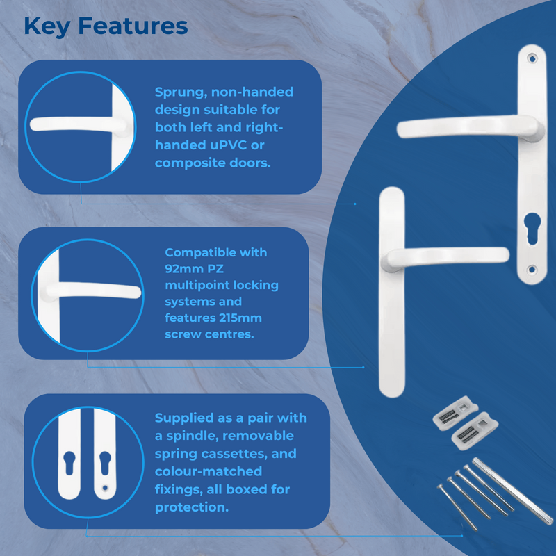 External Blank Lever/Lever uPVC Door Handles – 92mm PZ, Sprung, 215mm Screw Centres for Multipoint Locks