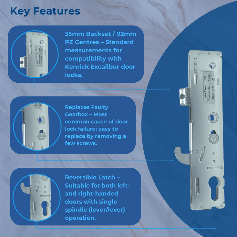 Kenrick Excalibur Replacement uPVC Gear Box Door Lock Centre Case Single Spindle