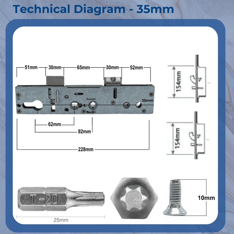 Multipoint Door Lock Refurbishment Kit – Double Spindle with 2 Anti-Lift Hooks - 35mm or 45mm Backset – Multipoint Lock Repair Set