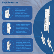 Lockmaster Multipoint Door Lock – Latch, Deadbolt, 2 Hooks, 2 Rollers – 365mm Top Hook to Spindle – Double Spindle or Lift Lever Operation