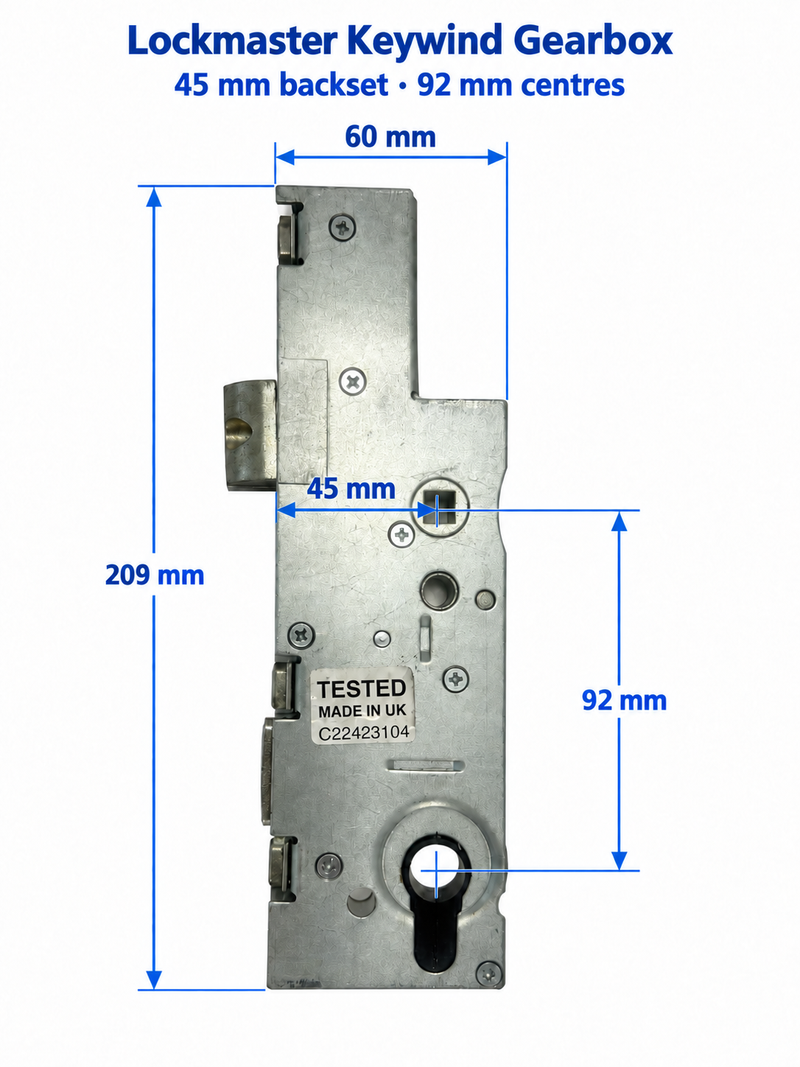 Lockmaster Keywind Door Lock Gearbox 45mm Backset 92mm PZ Latch & Deadbolt