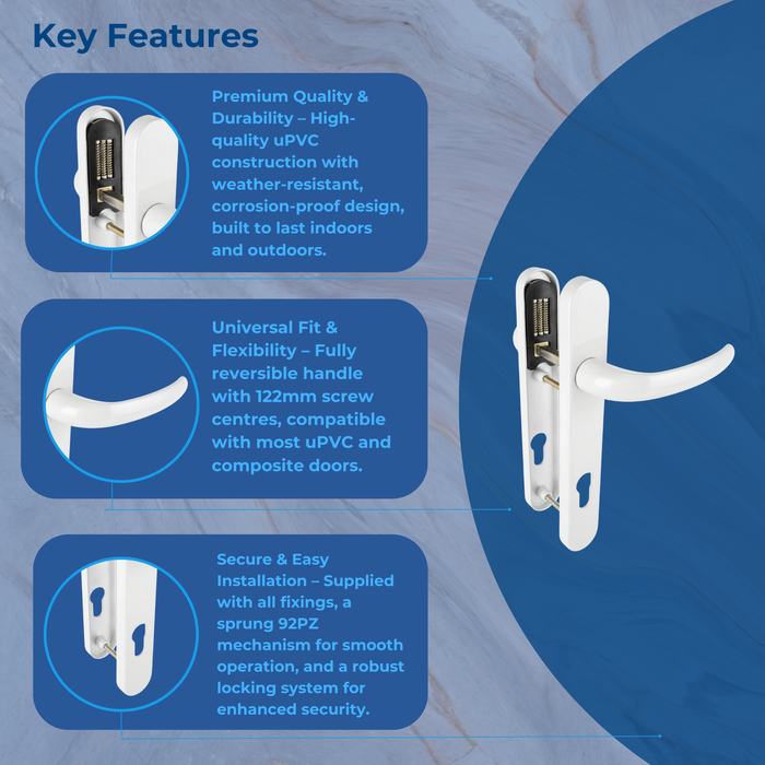 (Opening Sale) RAL 9016 White uPVC & Composite Door Handle – 122mm Screw Centres, 92PZ Sprung Mechanism