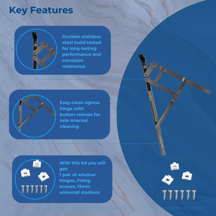 Egress Friction Stay Window Hinges 12" & 16" – Universal uPVC Hinges – 13mm & 17mm Stack Heights – Hinge Kit