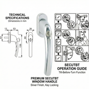 Hoppe Tokyo Lockable Tilt & Turn Window Handle (SecuTBT TBT4) – F1 Silver Aluminium – 32mm Spindle