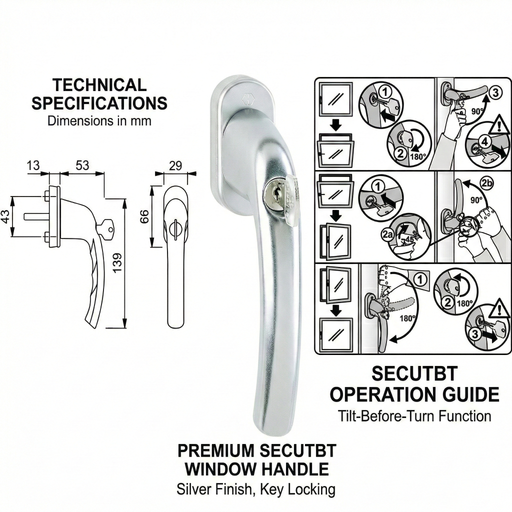 Hoppe Tokyo Lockable Tilt & Turn Window Handle (SecuTBT TBT4) – F1 Silver Aluminium – 32mm Spindle