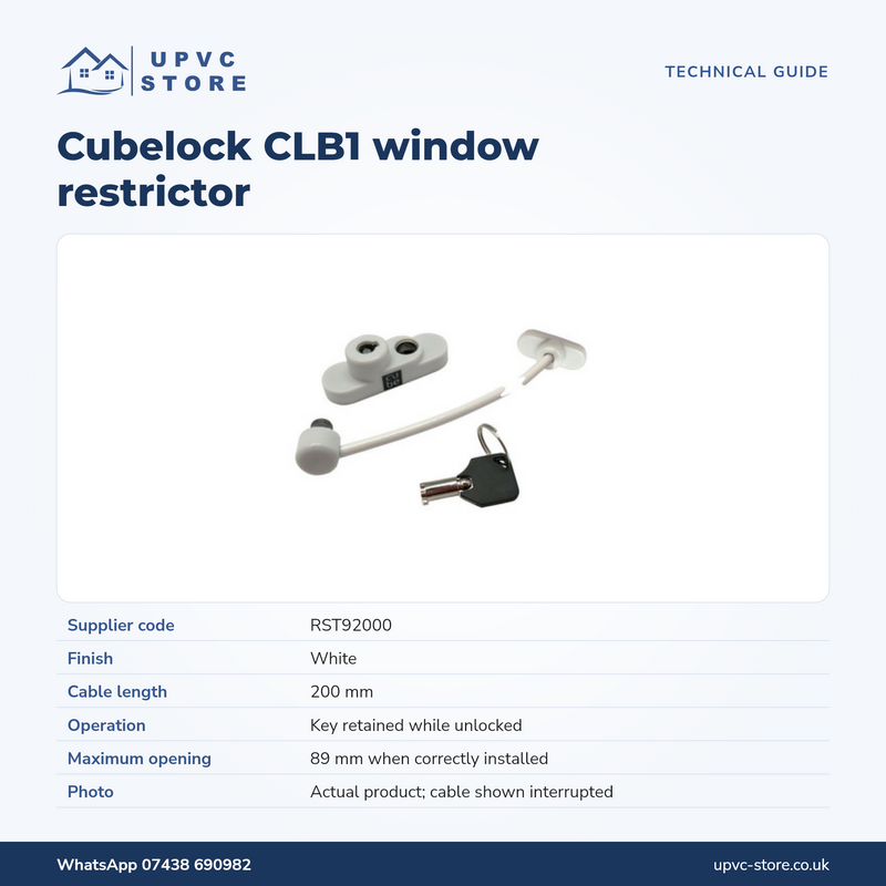 Cubelock CLB1 Captive-Key Cable Window Restrictor — White