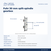 Fuhr 30mm gearbox technical guide showing 30mm backset, 92mm PZ, 8mm spindle and 14mm deadbolt throw