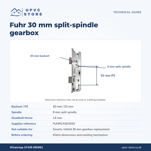 Fuhr 30mm gearbox technical guide showing 30mm backset, 92mm PZ, 8mm spindle and 14mm deadbolt throw
