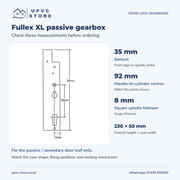 Fullex XL passive gearbox dimensions: 35mm backset, 92mm centres, 8mm follower and 230 by 50mm case