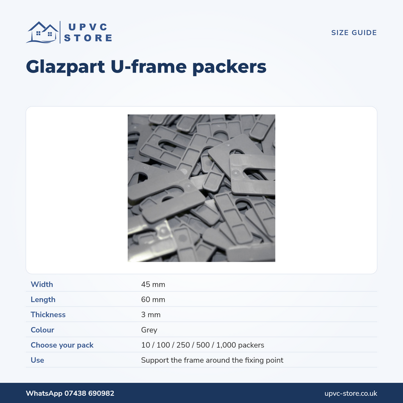 Glazpart U-frame packer dimensions and pack quantity guide