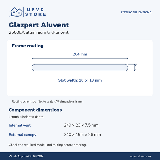 Glazpart AluVent 249mm 2500EA dimensions and routing guide