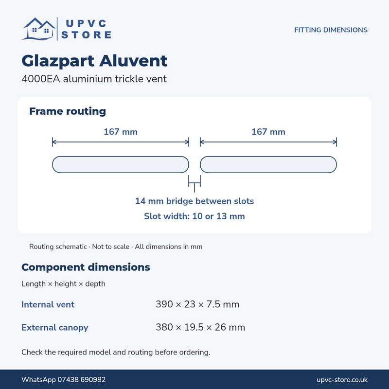 Glazpart AluVent 390mm 4000EA dimensions and routing guide