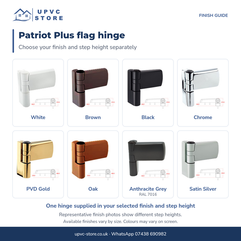Trojan Patriot Plus flag hinge: eight finish options; choose step height separately