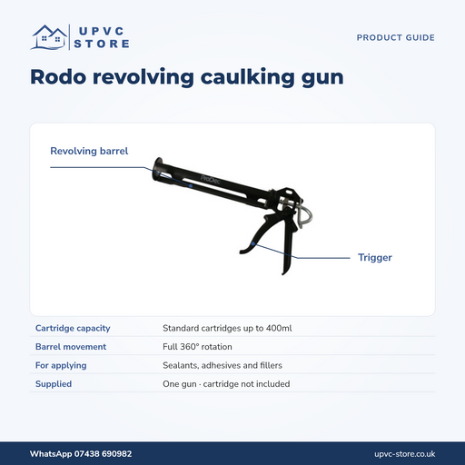 Rodo caulking gun guide showing revolving barrel, trigger and 400ml cartridge capacity