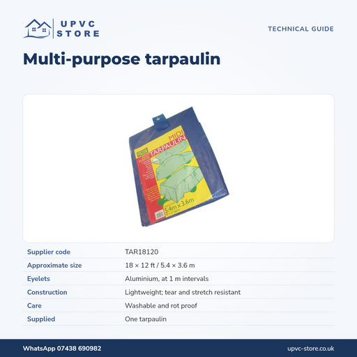 UPVC Store technical guide: TAR18120 tarpaulin dimensions and features